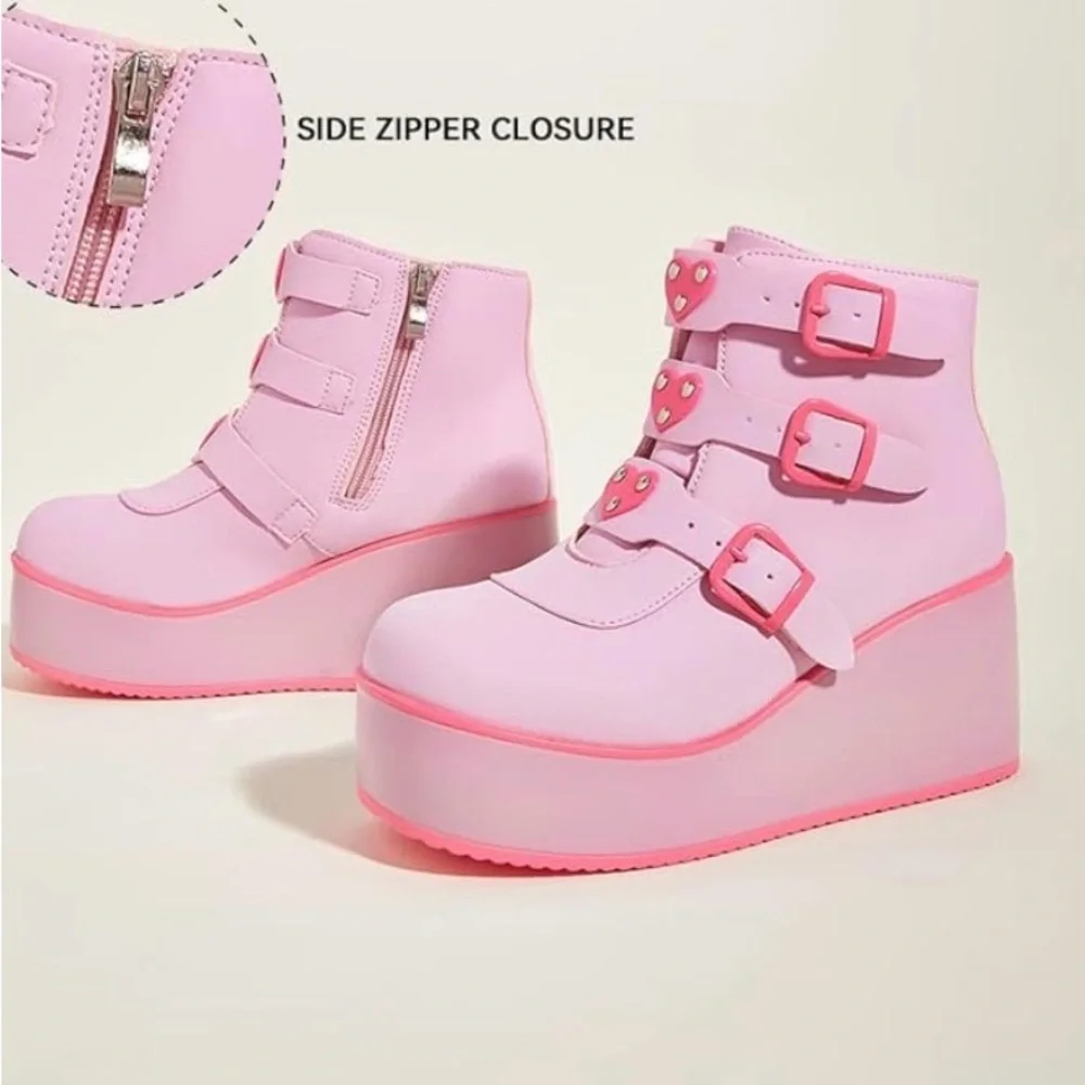 Pink Platform Wedge Ankle Boots with Heart Buckles